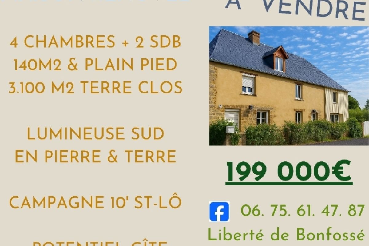 Maison 4 chambres, 3.100 m2, campagne St-Lô 